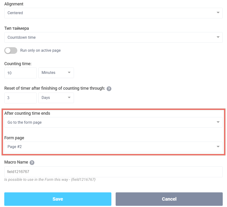 Setting up the "Go to the form page" action after the timer has finished counting