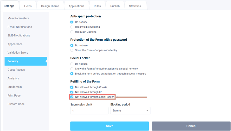 Prohibition on re-filling the form based on social lock data