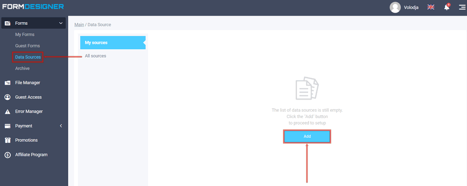 Page with a list of connected data sources