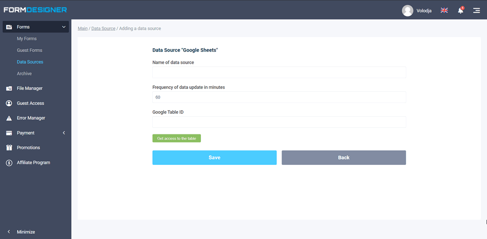 Setting up the source of data 