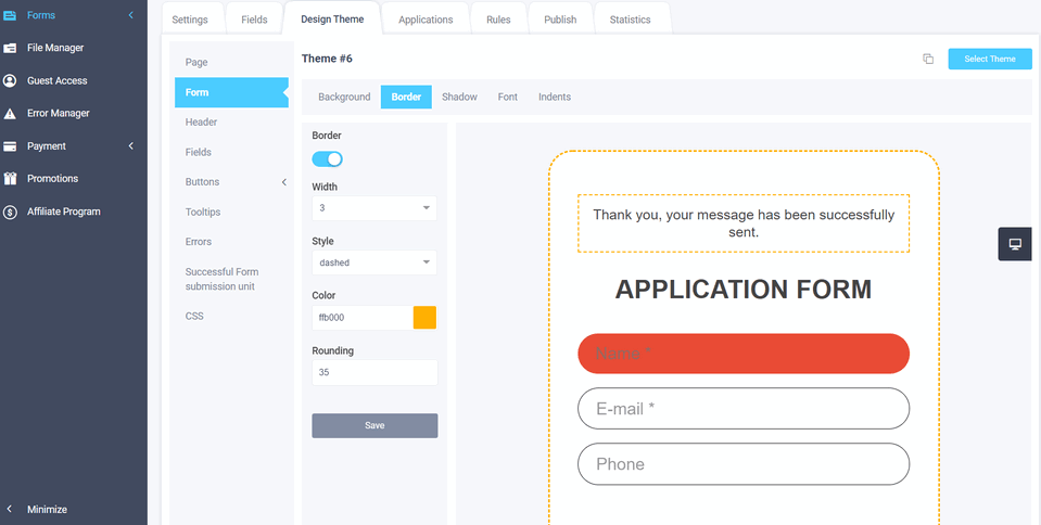 Editing a design theme for a website capture form