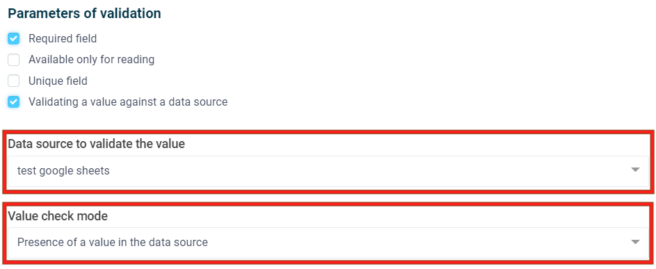 Selecting the data source and the value validation mode
