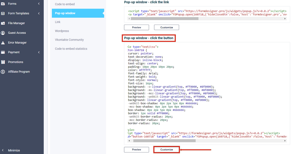 Popup window click button 1