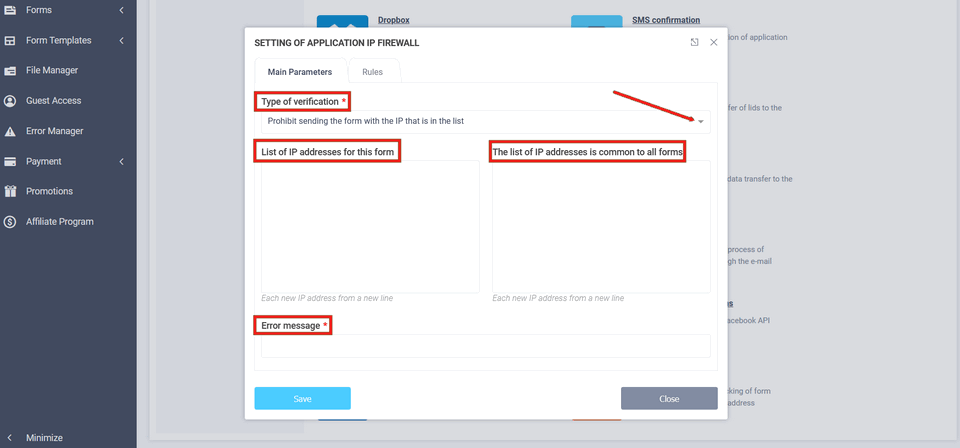 window with basic settings for the IP firewall module