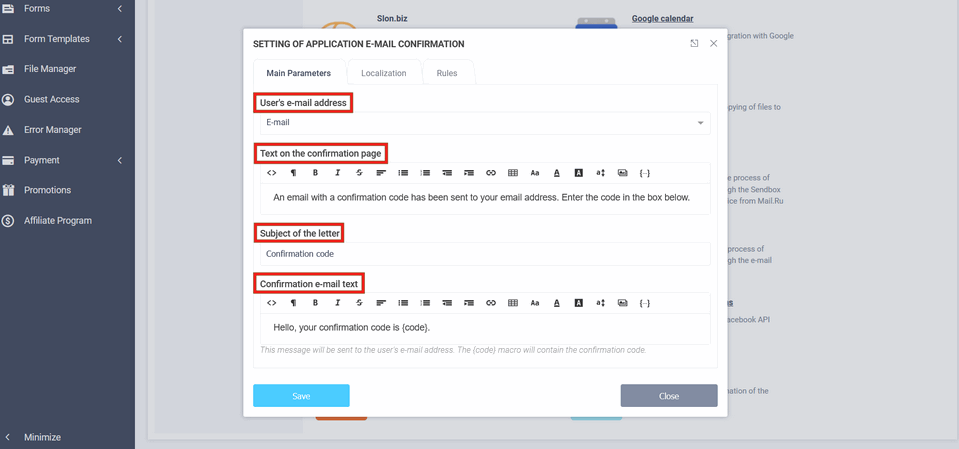 Setting up module "E-mail confirmation"
