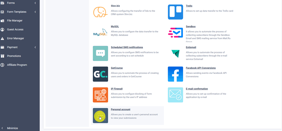 Adding the "Personal Cabinet Module