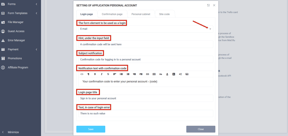 Settings of module "Personal account"