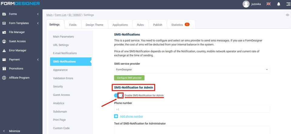 SMS-Notification for Admin 8