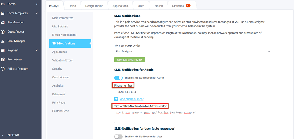 SMS-Notification for Admin 9