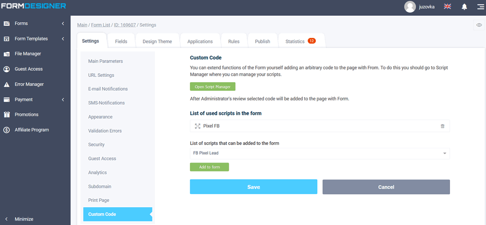 Connecting Facebook Pixel to form 11