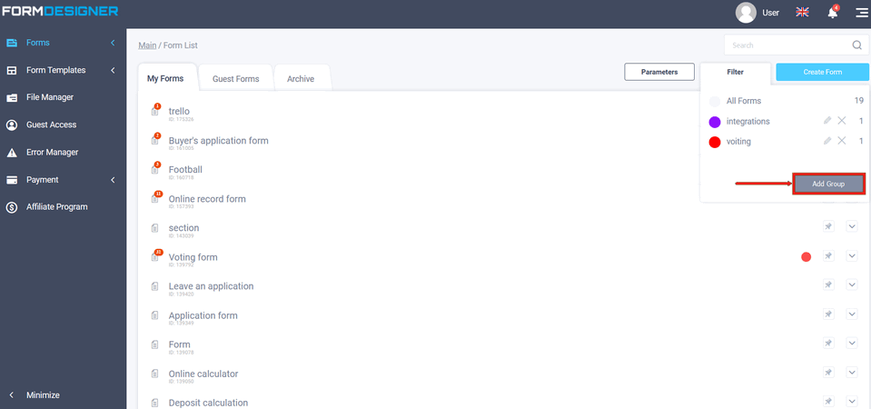 Add group to filter 1