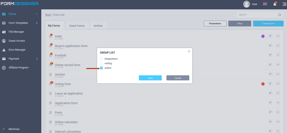 Add group to filter 8