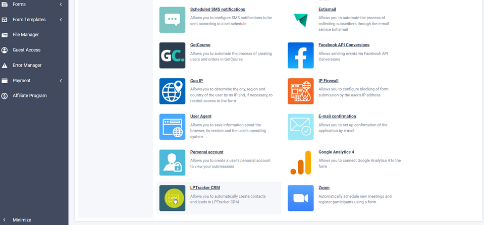 Integration of FormDesigner with LPTracker 1