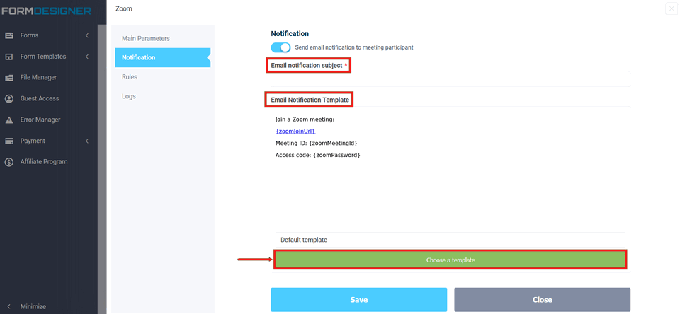 Form Designer integration module with Zoom 9