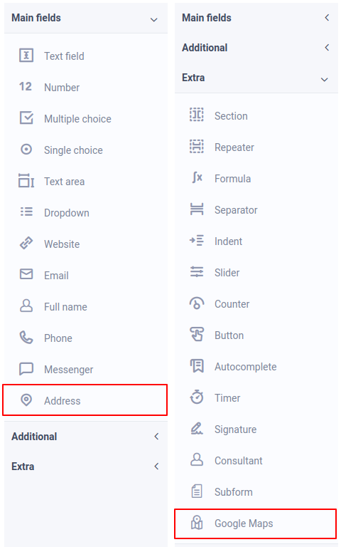 New form fiellds: Address and Google map 1