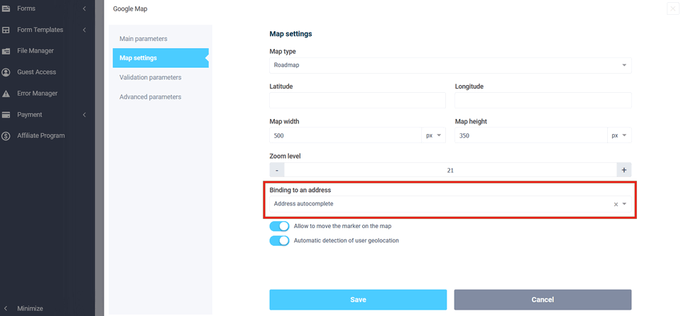 New form fiellds: Address and Google map 7