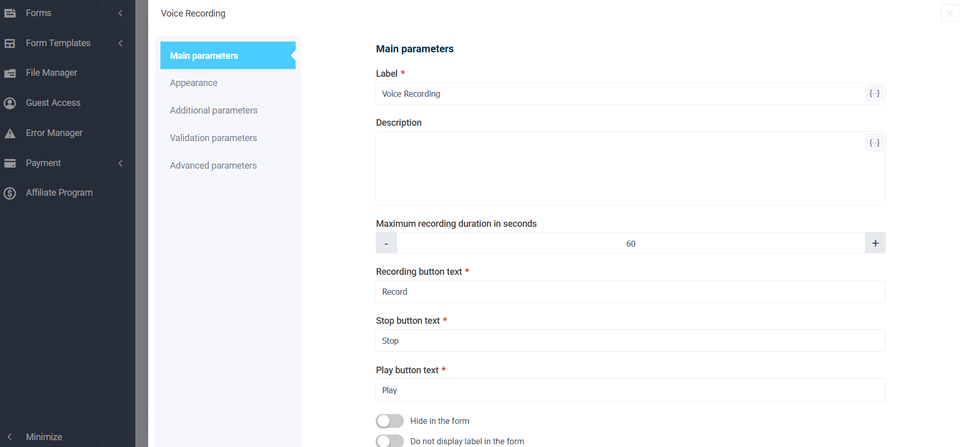 New form element “Voice recording” 2